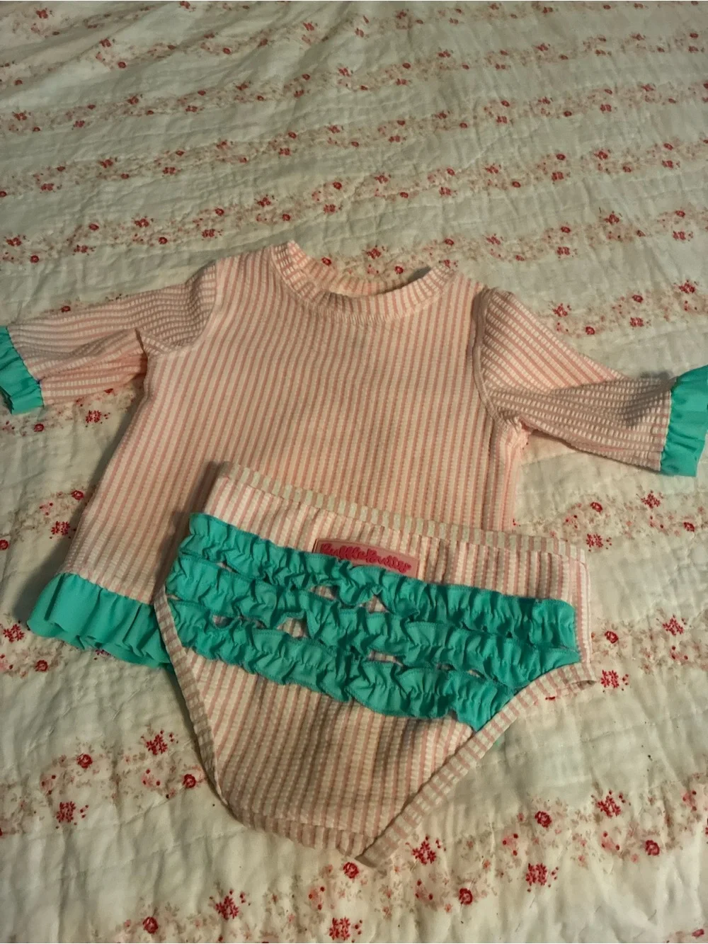 Ruffle Butts Pink Stripe Bikini Set with Teal Ruffle Trim